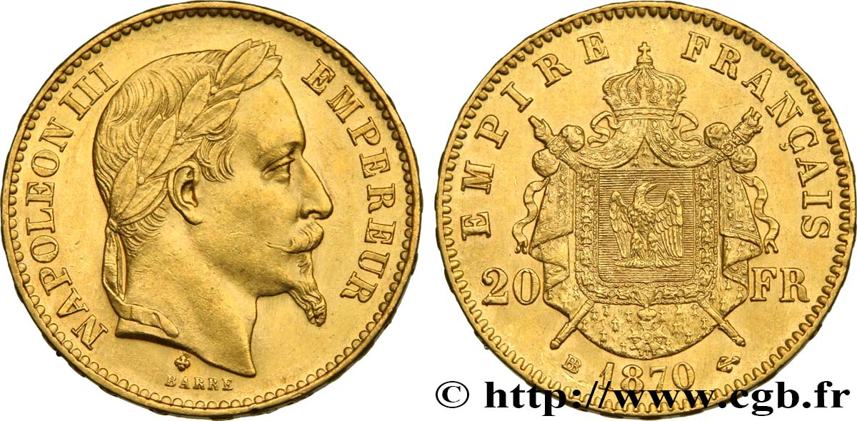 20 francs or Napoléon III, tête laurée 1870 Strasbourg F.532/24 SPL62 