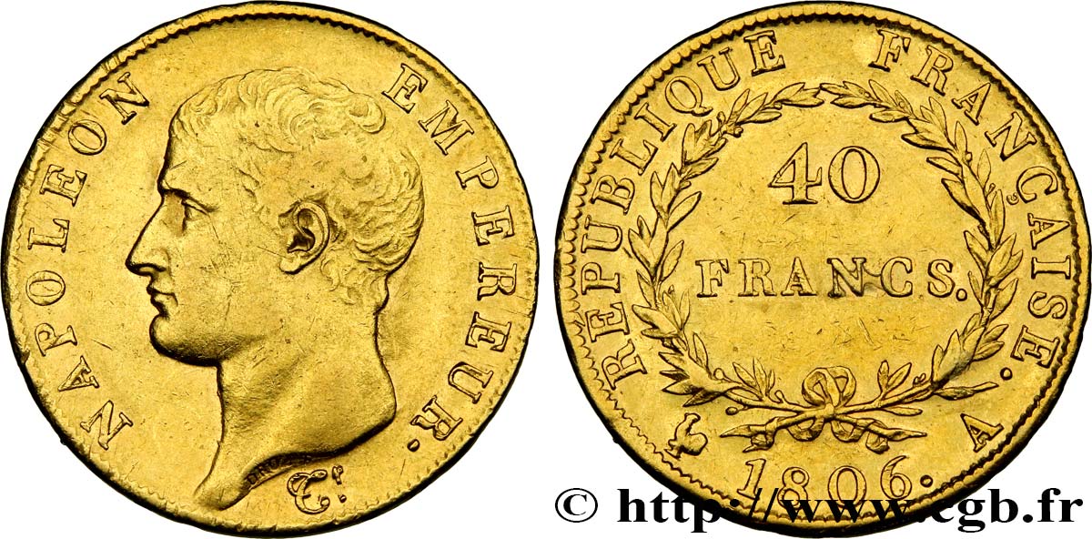 40 francs or Napoléon tête nue, Calendrier grégorien 1806 Paris F.538/1 MBC42 