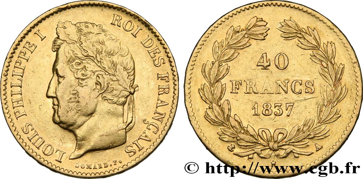 40 francs or Louis-Philippe 1837 Paris F.546/10 XF 
