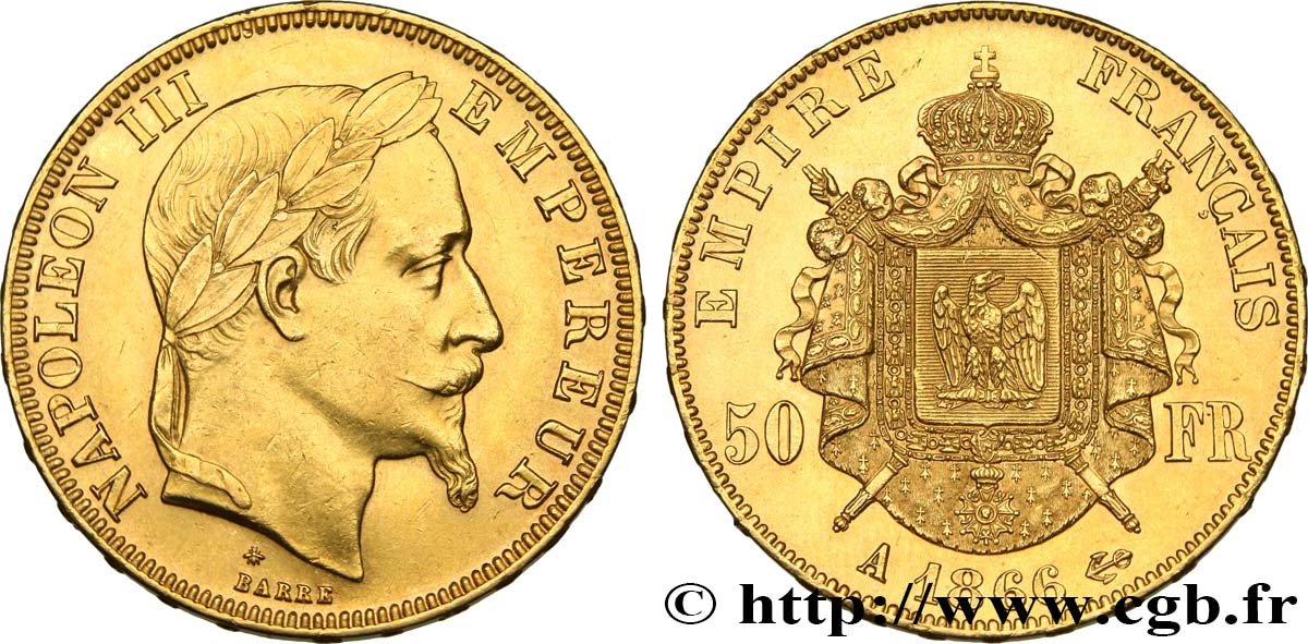 50 francs or Napoléon III, tête laurée 1866 Paris F.548/6 SUP61 