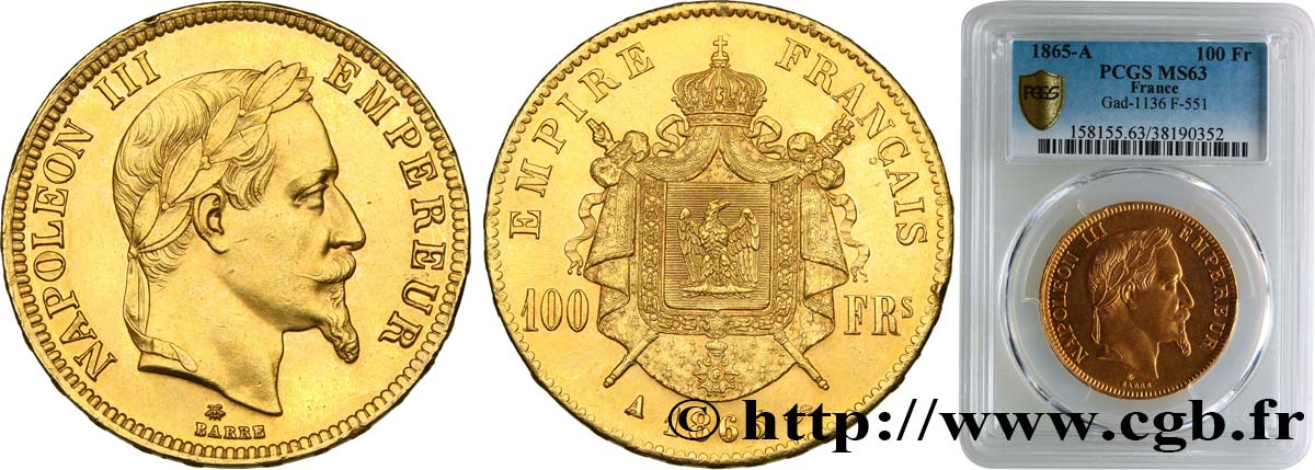 100 francs or Napoléon III, tête laurée 1865 Paris F.551/5 fST63 PCGS