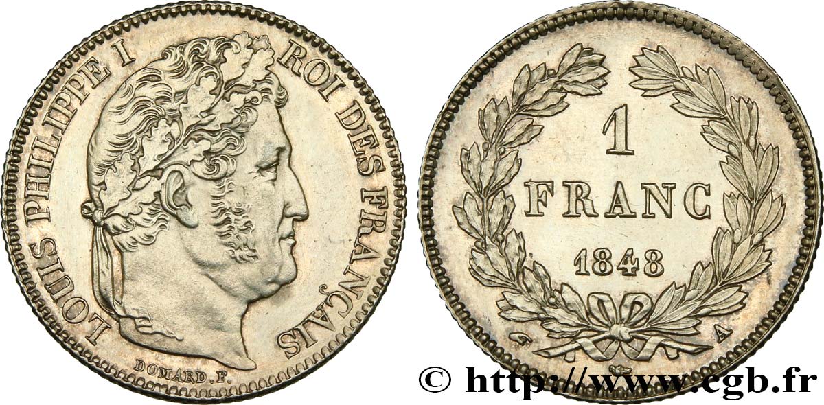 1 franc Louis-Philippe, couronne de chêne 1848 Paris F.210/113 EBC+ 