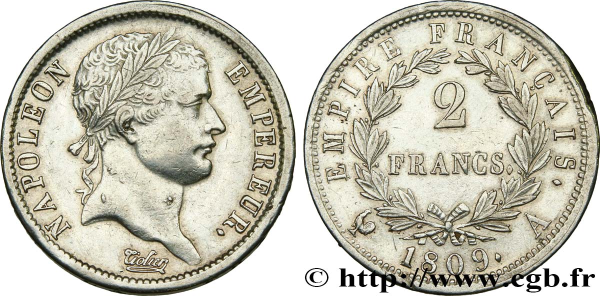 2 francs Napoléon Ier tête laurée, Empire français 1809 Paris F.255/1 fVZ 