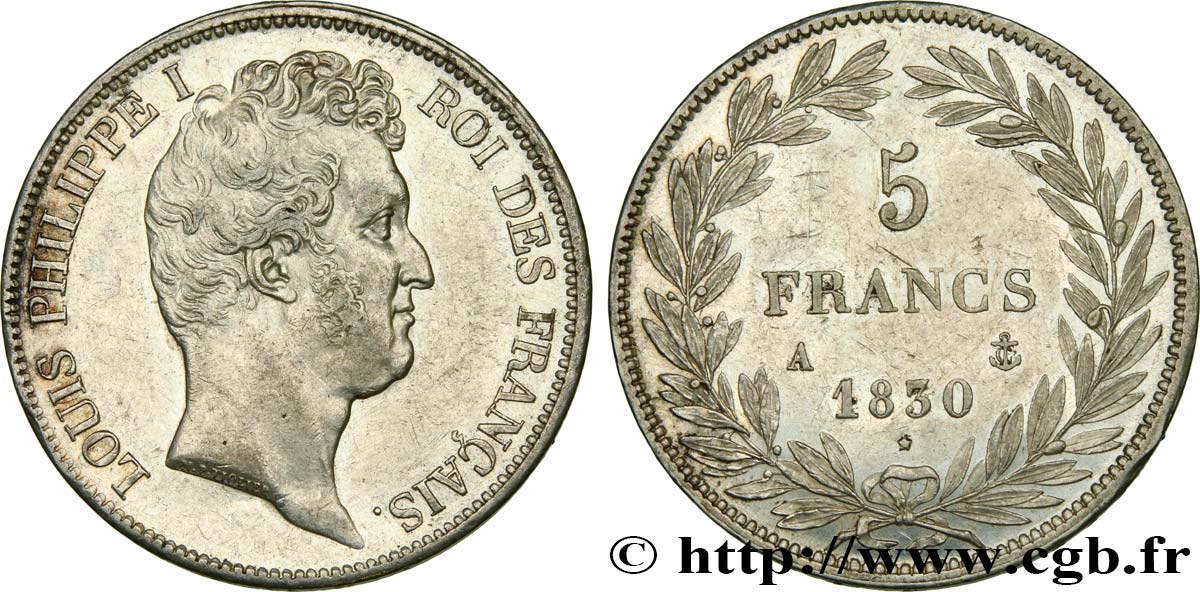 5 francs type Tiolier avec le I, tranche en creux 1830 Paris F.315/1 AU53 
