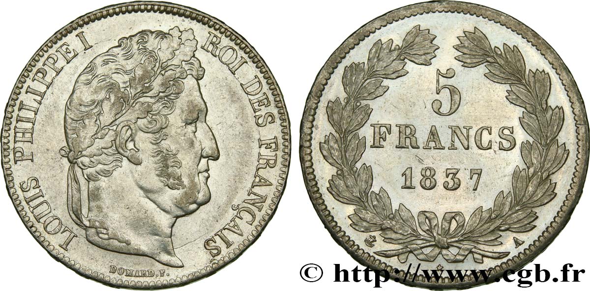 5 francs IIe type Domard 1837 Paris F.324/61 SPL58 