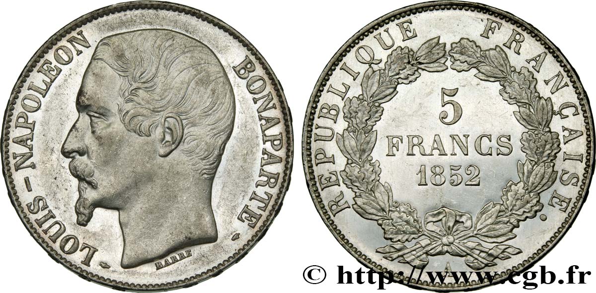 5 francs Louis-Napoléon, 1er type 1852 Paris F.329/1 EBC58 