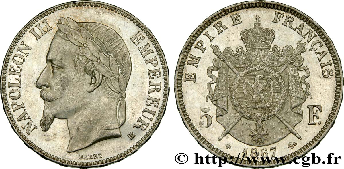 5 francs Napoléon III, tête laurée 1867 Strasbourg F.331/11 EBC60 