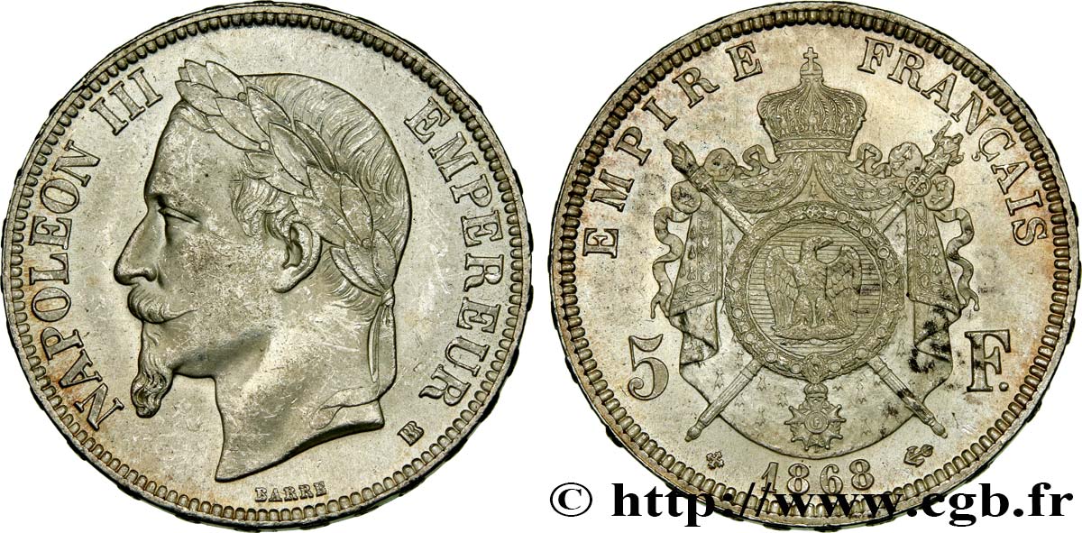 5 francs Napoléon III, tête laurée 1868 Strasbourg F.331/13 MS61 