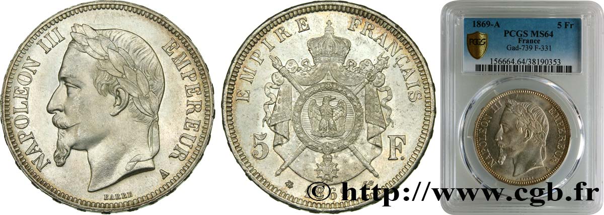 5 francs Napoléon III, tête laurée 1869 Paris F.331/14 SC64 PCGS
