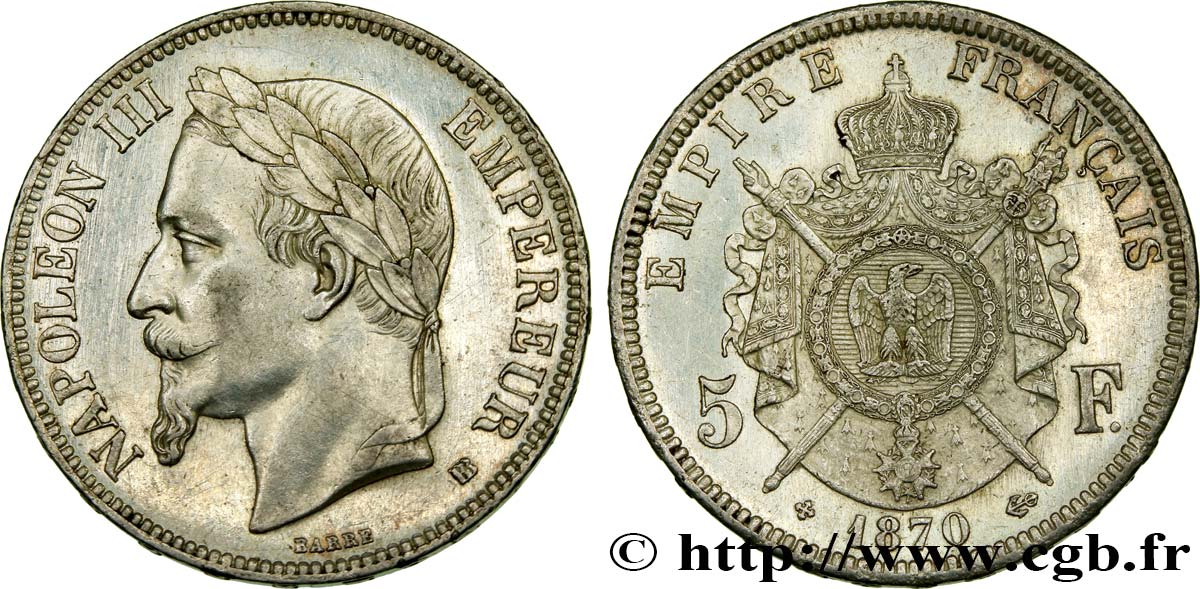 5 francs Napoléon III, tête laurée 1870 Strasbourg F.331/17 SPL58 