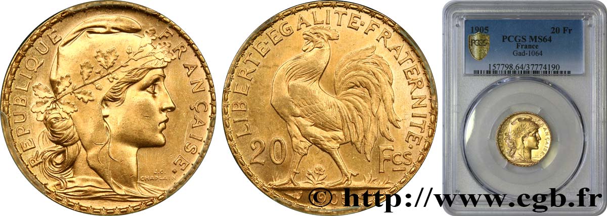 20 francs or Coq, Dieu protège la France 1905 Paris F.534/10 SPL64 PCGS