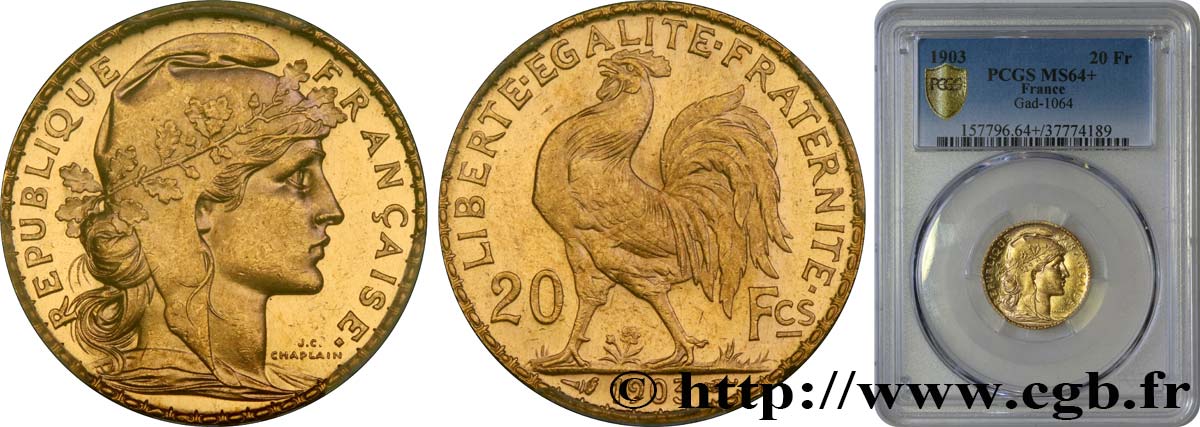 20 francs or Coq, Dieu protège la France 1903 Paris F.534/8 SC64 PCGS