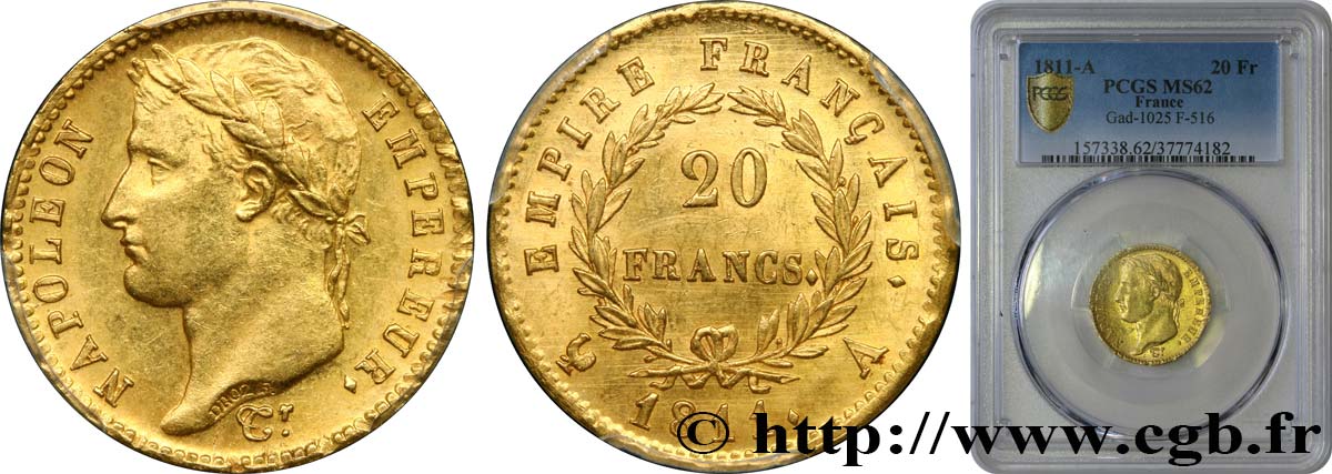 20 francs or Napoléon, tête laurée, Empire français 1811 Paris F.516/16 MS62 PCGS
