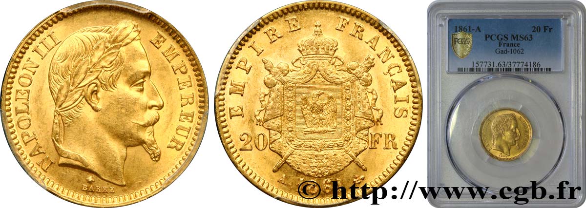 20 francs or Napoléon III, tête laurée 1861 Paris F.532/1 SPL63 PCGS