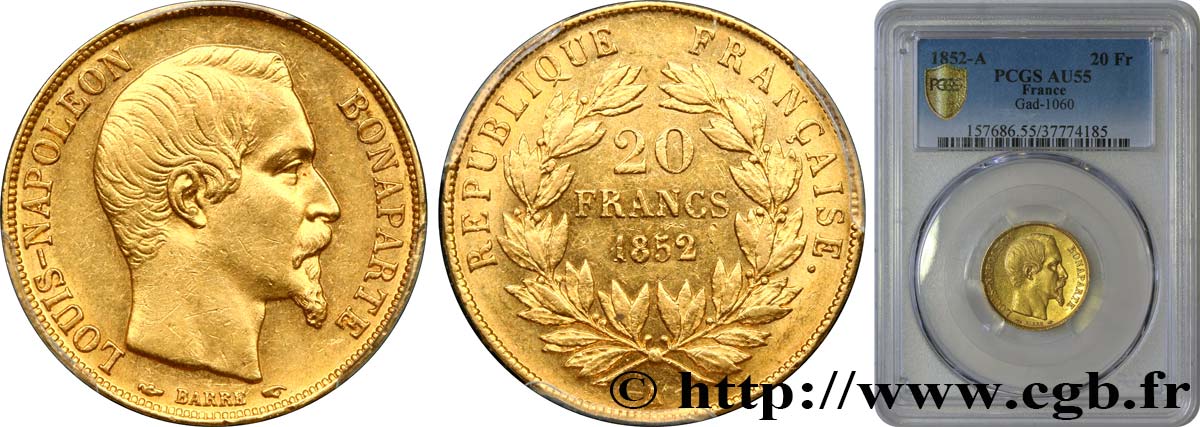 20 francs or Louis-Napoléon 1852 Paris F.530/1 AU55 PCGS