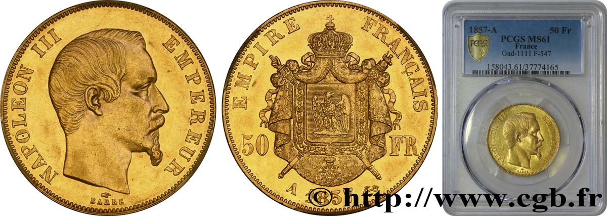 50 francs or Napoléon III, tête nue 1857 Paris F.547/4 VZ61 PCGS
