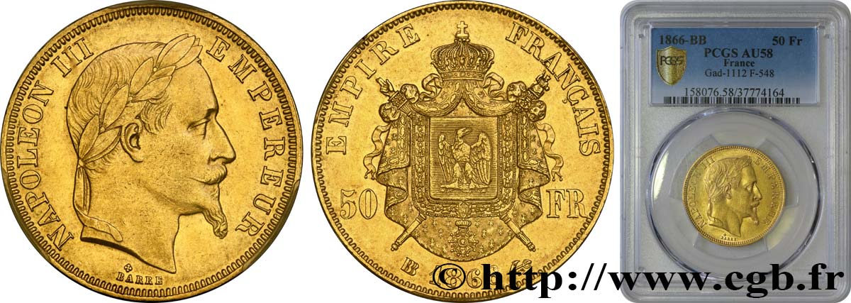 50 francs or Napoléon III, tête laurée 1866 Strasbourg F.548/7 AU58 PCGS