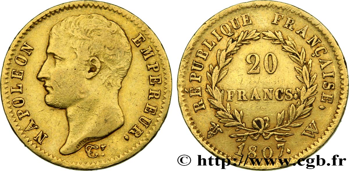 20 francs Napoléon tête nue, type transitoire 1807 Lille F.514/4 S35 