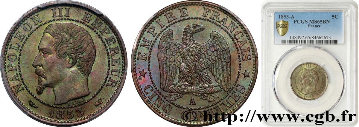 Cinq centimes Napoléon III, tête nue 1853 Paris F.116/1 MS65 PCGS