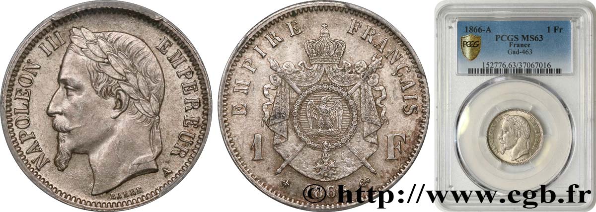 1 franc Napoléon III, tête laurée 1866 Paris F.215/3 MS63 PCGS