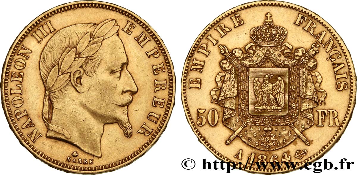 50 francs or Napoléon III, tête laurée 1864 Paris F.548/4 XF 