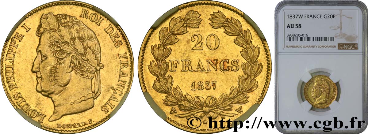 20 francs or Louis-Philippe, Domard 1837 Lille F.527/17 AU58 NGC