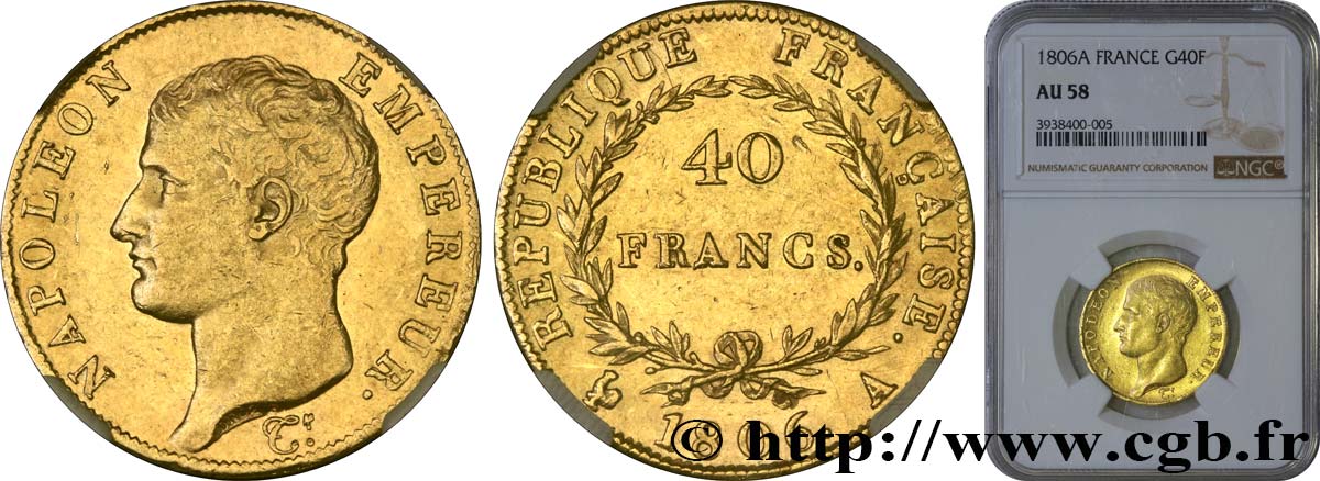 40 francs or Napoléon tête nue, Calendrier grégorien 1806 Paris F.538/1 AU58 NGC