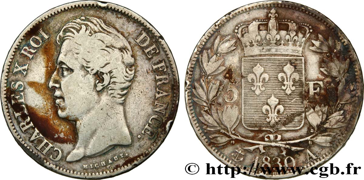 5 francs Charles X 2e type, tranche en relief 1830 Paris F.312/1 TB 