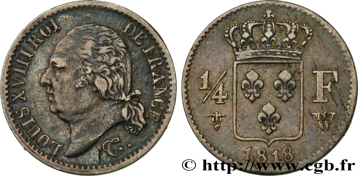 1/4 franc Louis XVIII 1818 Lille F.163/14 TTB48 