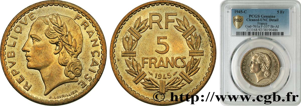 5 francs Lavrillier, bronze-aluminium 1945 Castelsarrasin F.337/6 fST PCGS