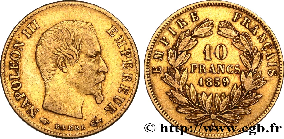 10 francs or Napoléon III, tête nue 1859 Paris F.506/7 VF30 