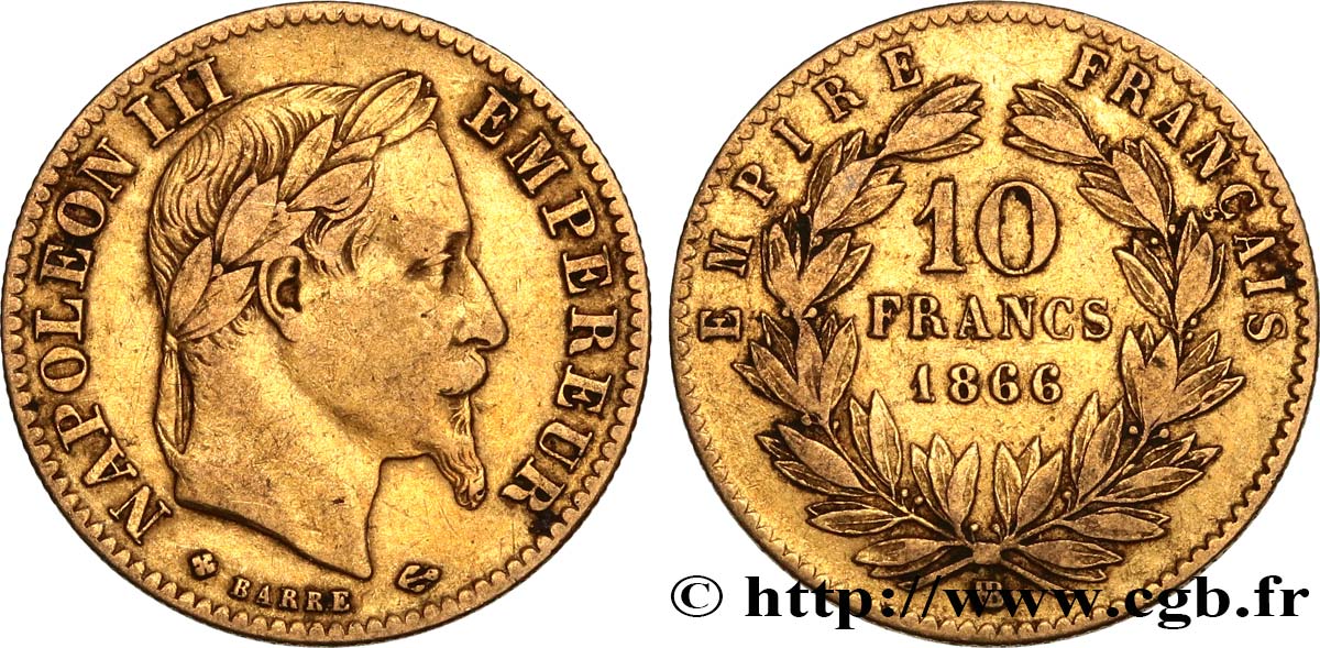 10 francs or Napoléon III, tête laurée 1866 Strasbourg F.507A/13 TB25 