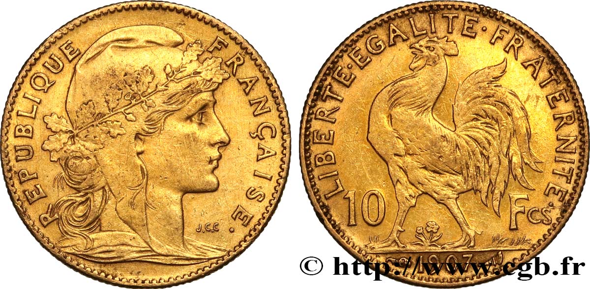 10 francs or Coq 1907 Paris F.509/8 SS 