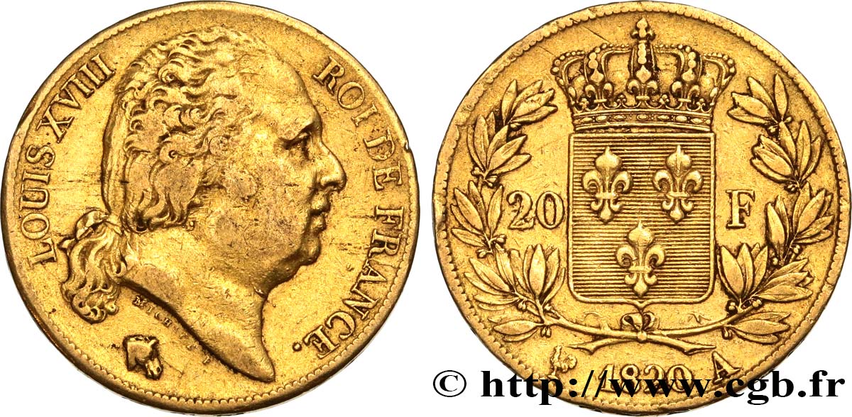 20 francs or Louis XVIII, tête nue 1820 Paris F.519/19 BC35 