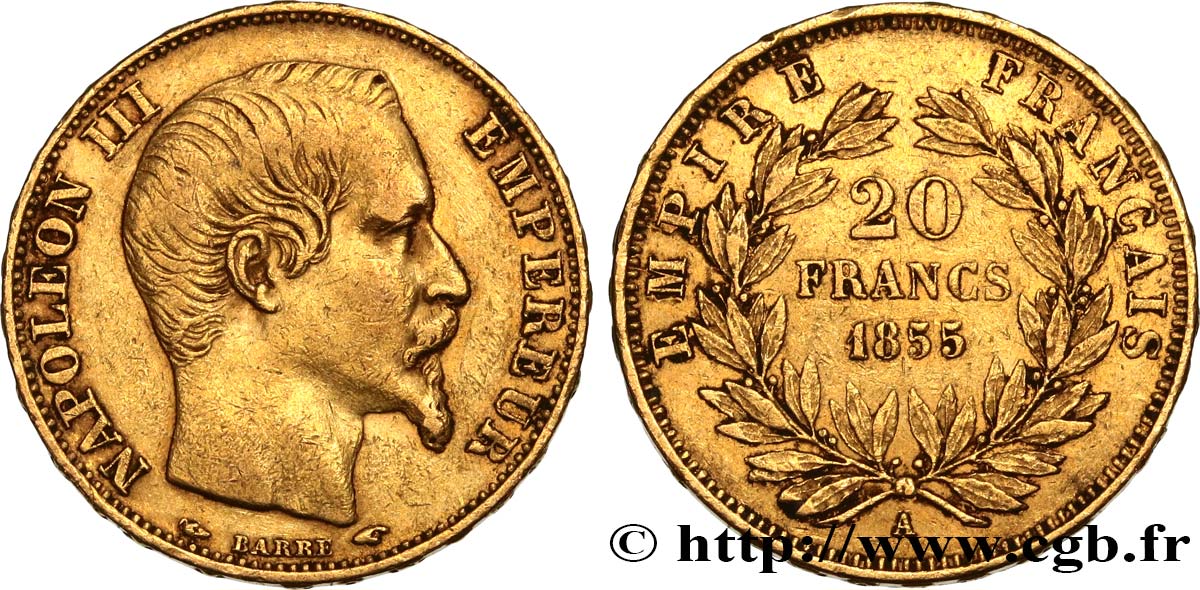 20 francs or Napoléon III, tête nue 1855 Paris F.531/3 SS40 