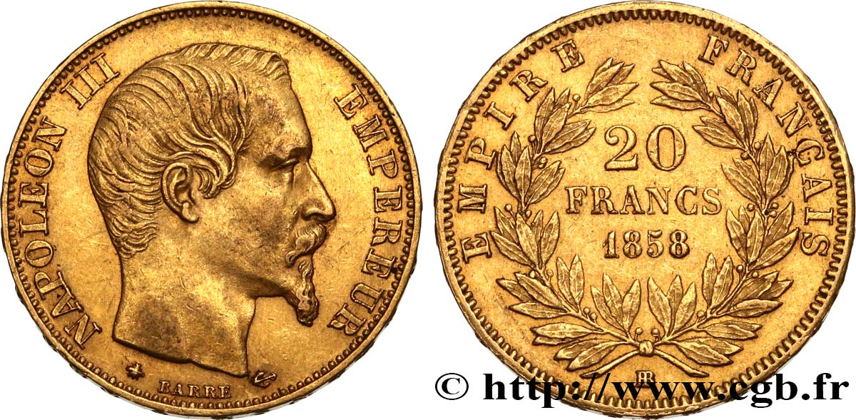 20 francs or Napoléon III, tête nue 1858 Strasbourg F.531/14 AU50 
