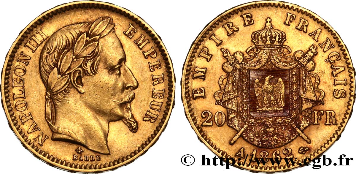 20 francs or Napoléon III, tête laurée 1862 Paris F.532/3 AU50 