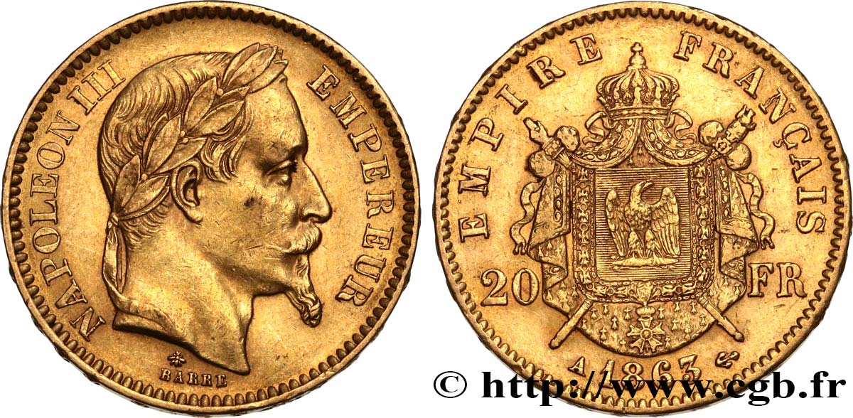 20 francs or Napoléon III, tête laurée 1863 Paris F.532/6 AU50 