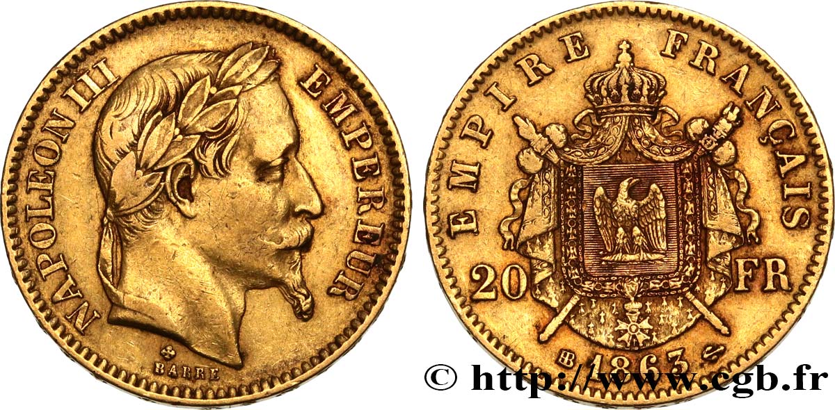 20 francs or Napoléon III, tête laurée 1863 Strasbourg F.532/7 SS 