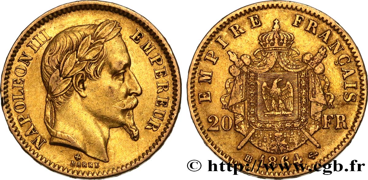 20 francs or Napoléon III, tête laurée 1864 Strasbourg F.532/9 XF48 