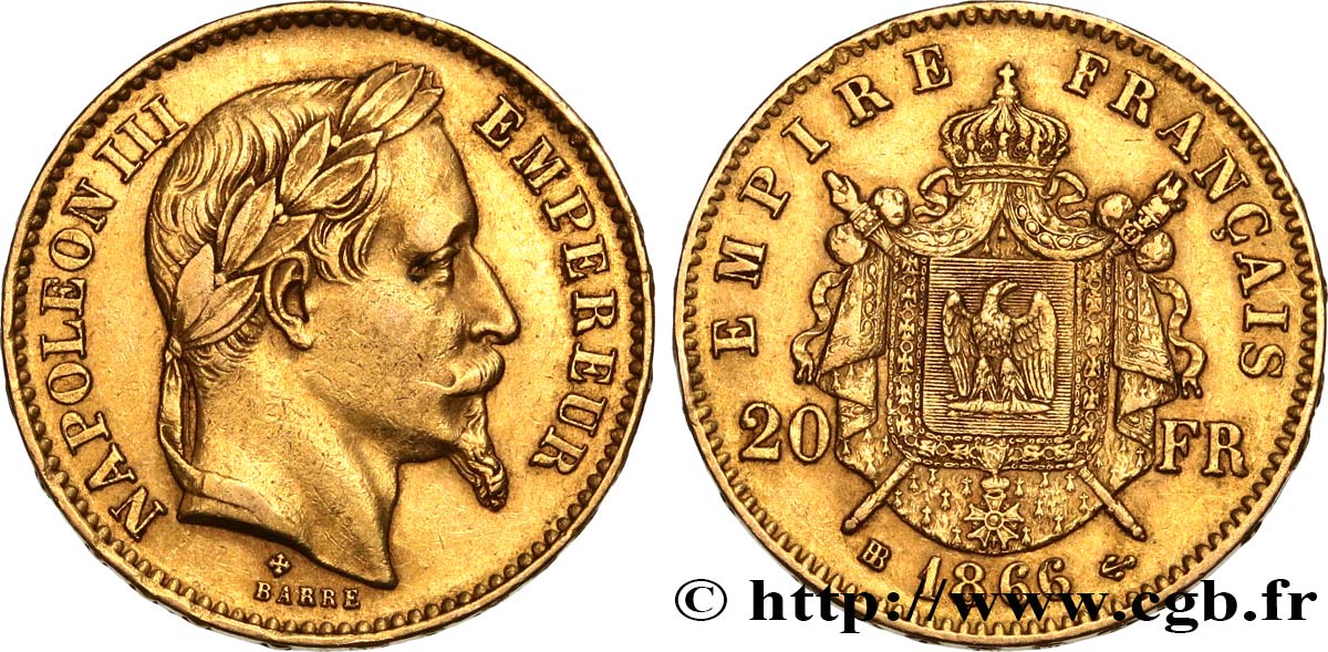 20 francs or Napoléon III, tête laurée 1866 Strasbourg F.532/14 MBC50 