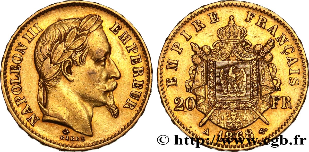 20 francs or Napoléon III, tête laurée 1868 Paris F.532/18 fVZ 