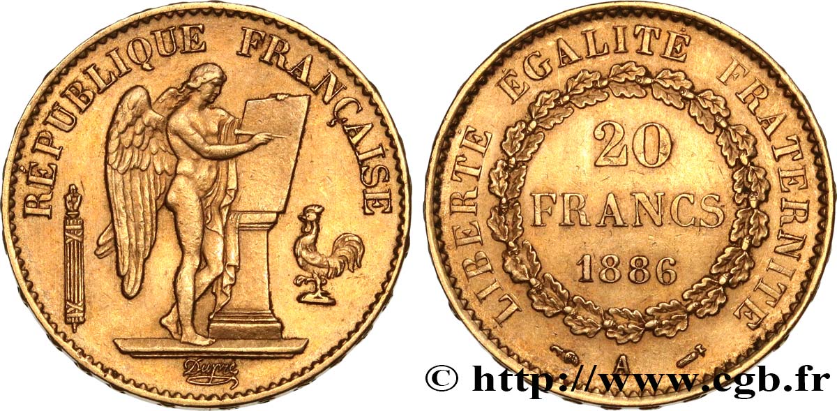 20 francs or Génie, Troisième République 1886 Paris F.533/9 AU52 