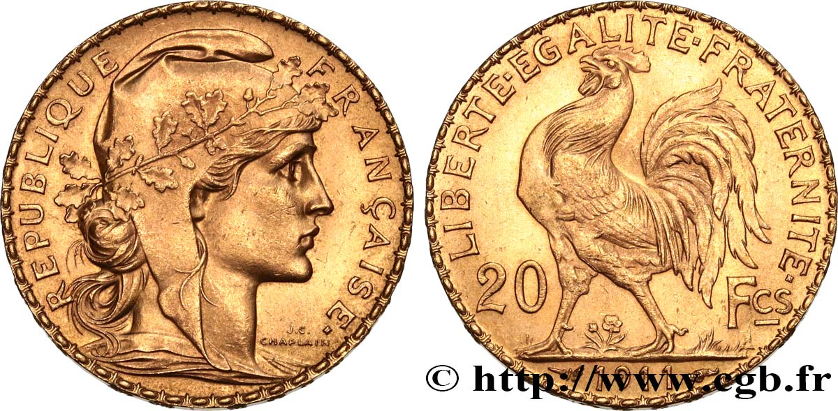 20 francs or Coq, Liberté Égalité Fraternité 1911  F.535/5 SPL+ 