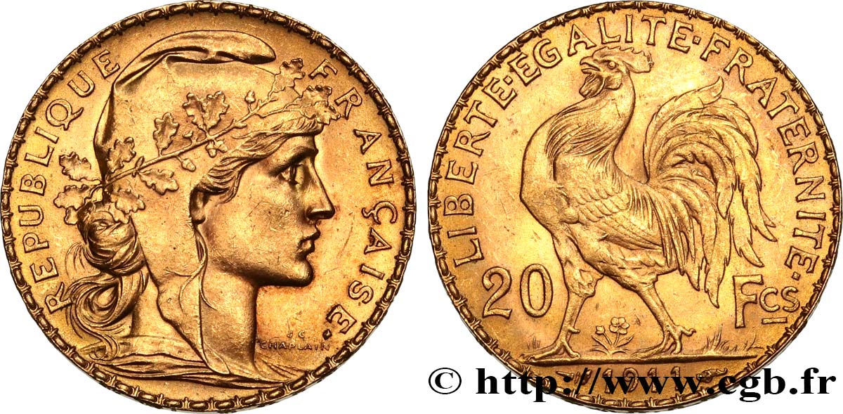 20 francs or Coq, Liberté Égalité Fraternité 1911  F.535/5 VZ+ 