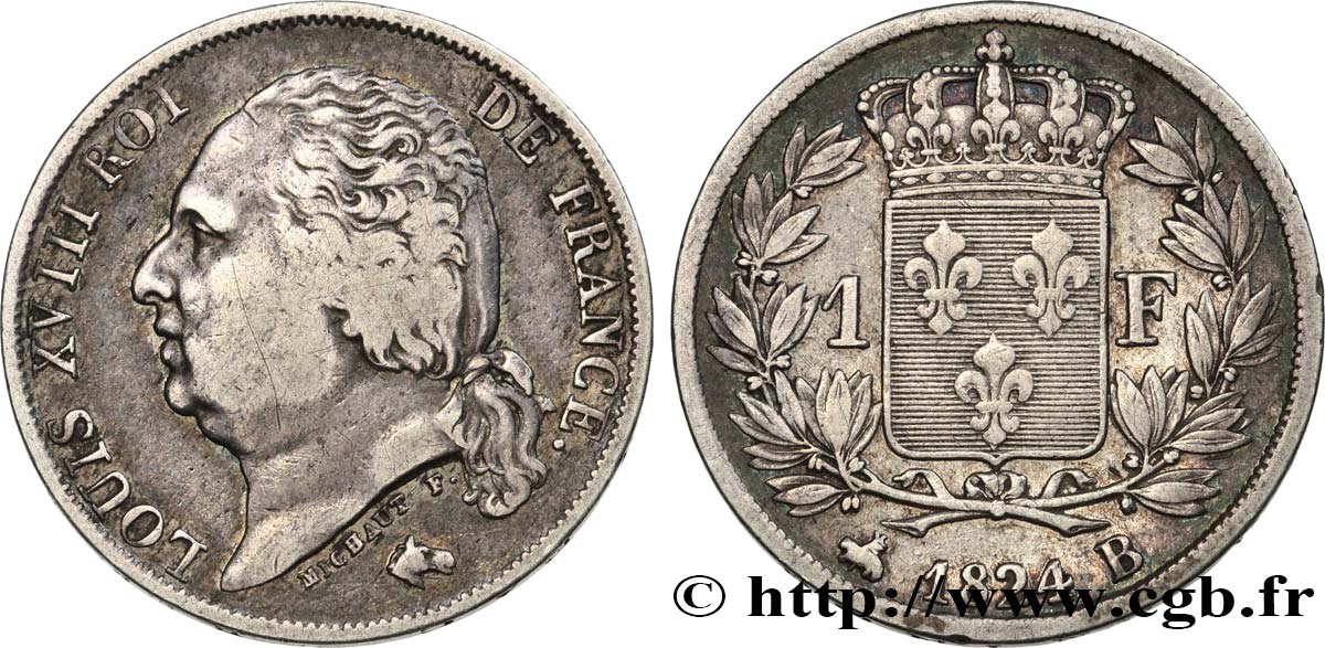 1 franc Louis XVIII 1824 Rouen F.206/57 BC30 