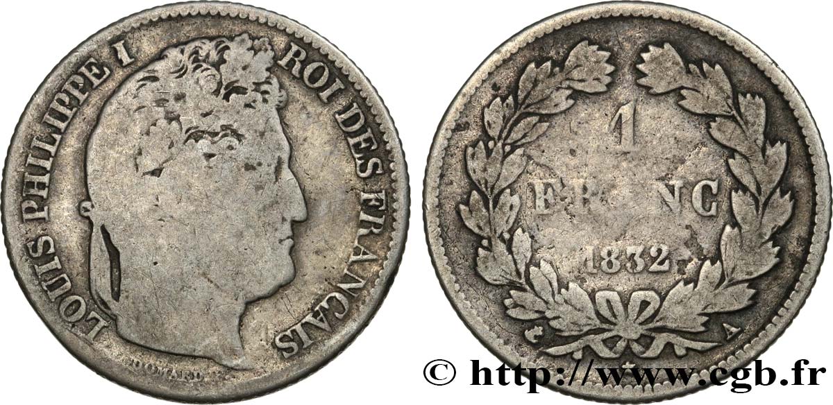 1 franc Louis-Philippe, couronne de chêne 1832 Paris F.210/1 F12 