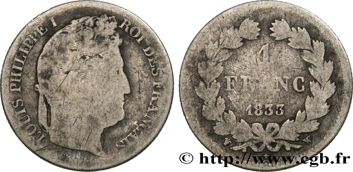 1 franc Louis-Philippe, couronne de chêne 1833 Lille F.210/26 VG10 