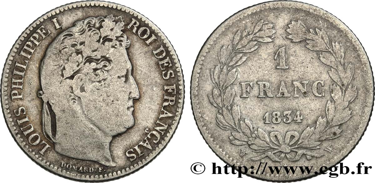 1 franc Louis-Philippe, couronne de chêne 1834 Lille F.210/39 F15 