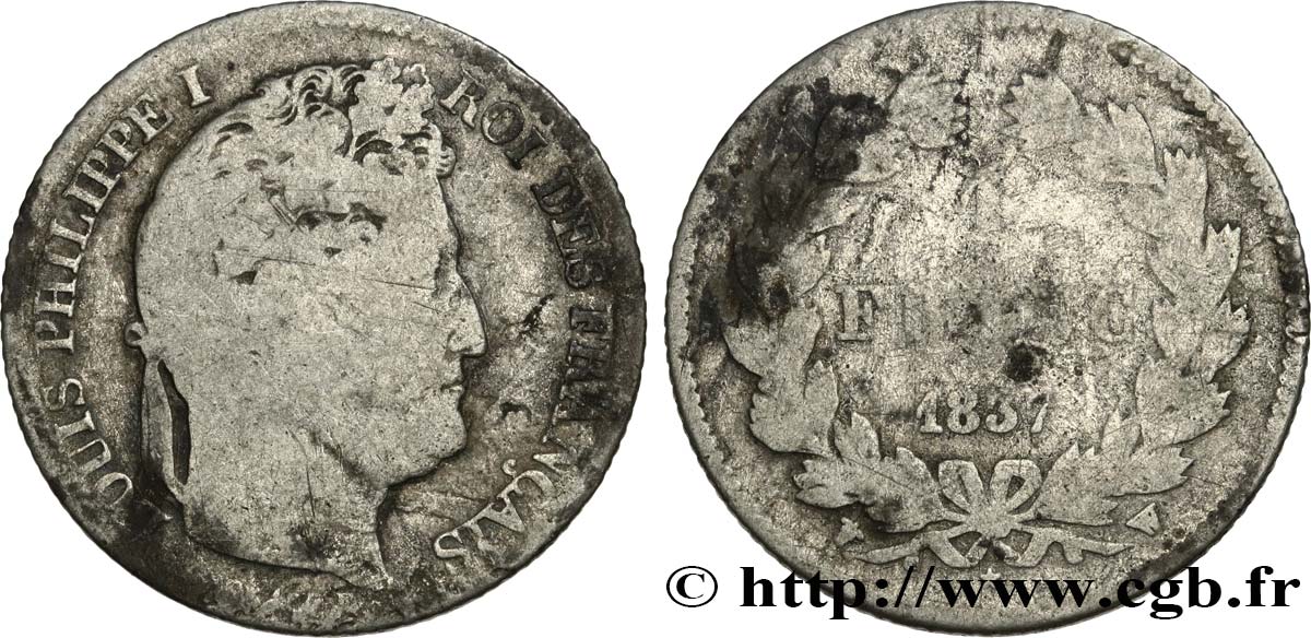 1 franc Louis-Philippe, couronne de chêne 1837 Lille F.210/61 B6 